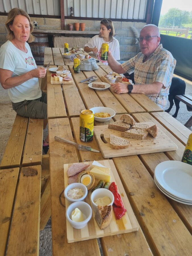 Guests sharing a relaxed lunch together in the barn during the dog training holiday
